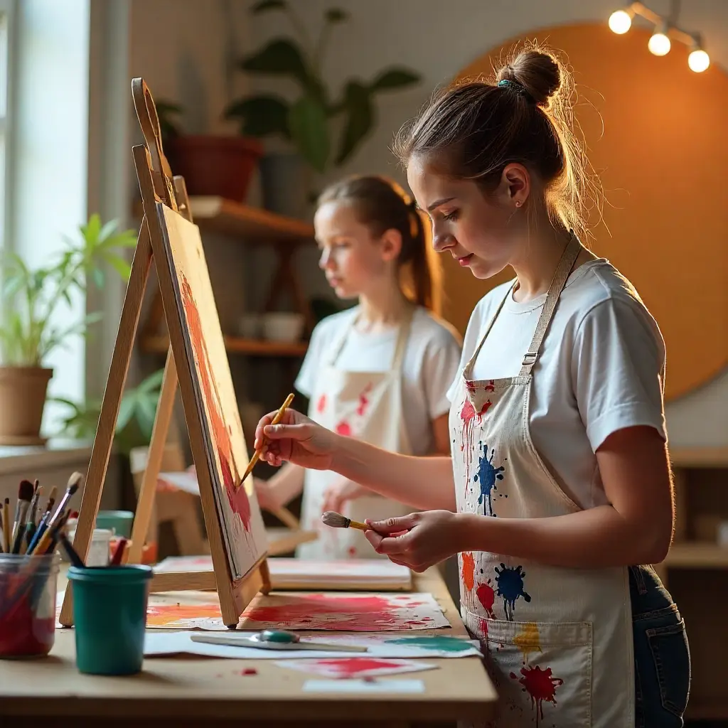 Adult students learning painting techniques in online art class